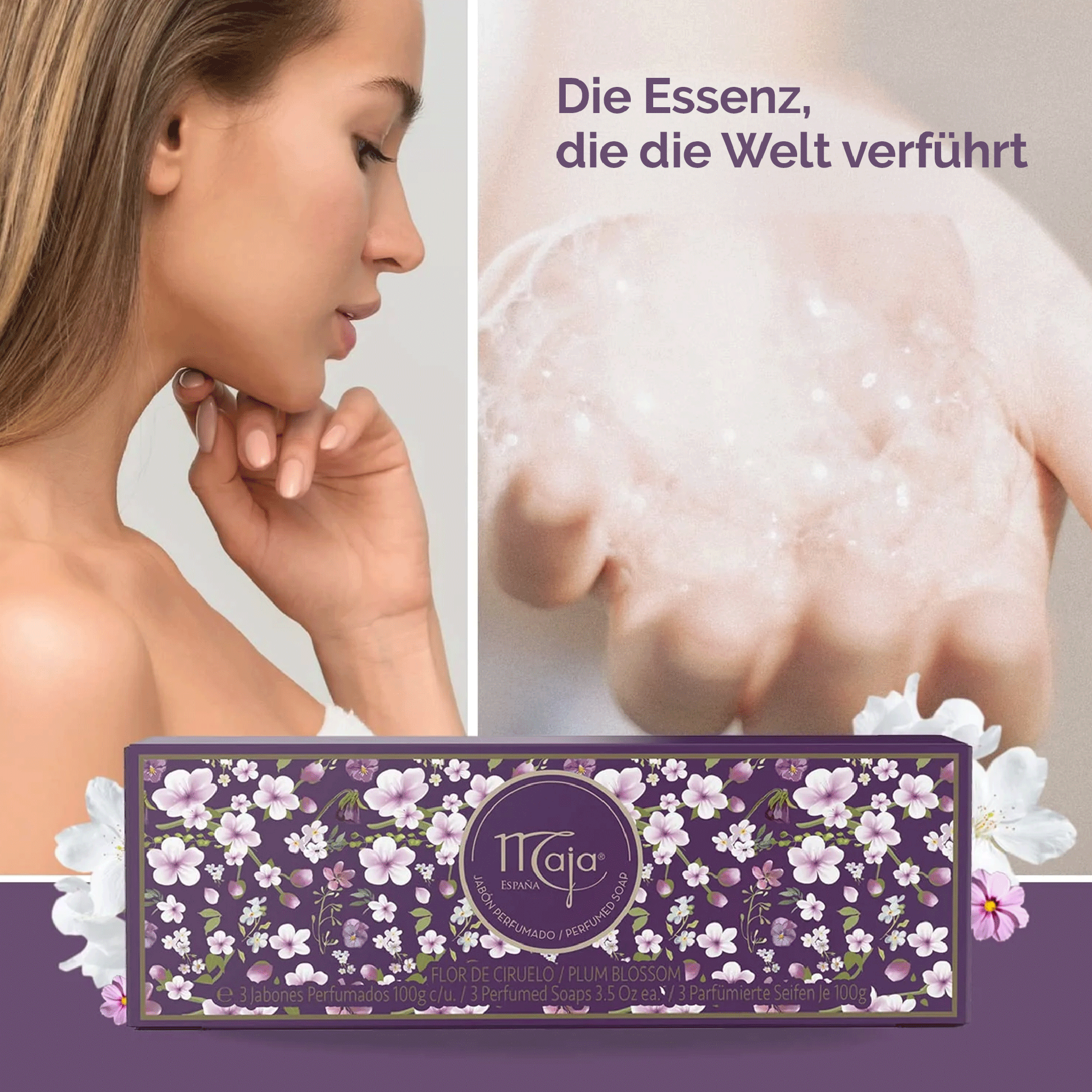 Frau im Profil und Hand mit Schaum über Balken mit Maja Seife Pflaumenblüte - 3x100g und Blüten