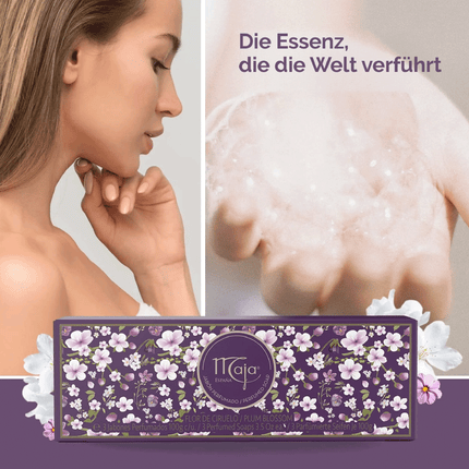 Frau im Profil und Hand mit Schaum über Balken mit Maja Seife Pflaumenblüte - 3x100g und Blüten