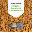 Motte auf Lebensmittel und Schrift auf weißem Wappen