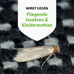 Kleidermotte auf schwarzem Textil und Schrift auf weißem Wappen
