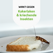 Kakerlake auf Brotscheibe und Schrift auf weißem Wappen