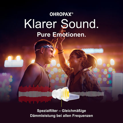 Paar auf einem Konzert tanzend und OHROPAX Music Ohrstöpsel durch den Schallwellen durchgehen und Schrift