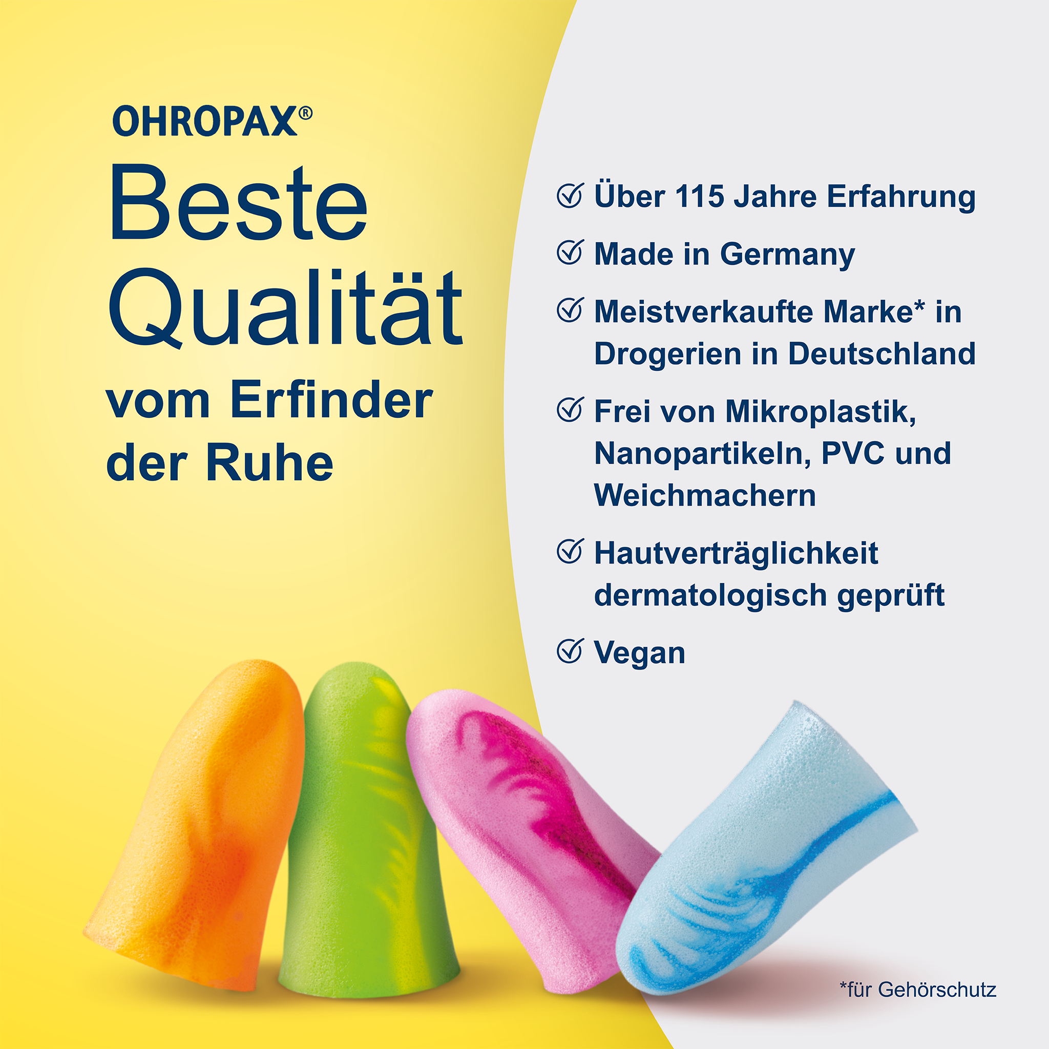 Schaumstoffstöpsel auf zweifarbigem Hintergrund und Schrift