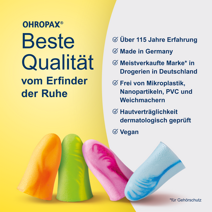 Schaumstoffstöpsel auf zweifarbigem Hintergrund und Schrift