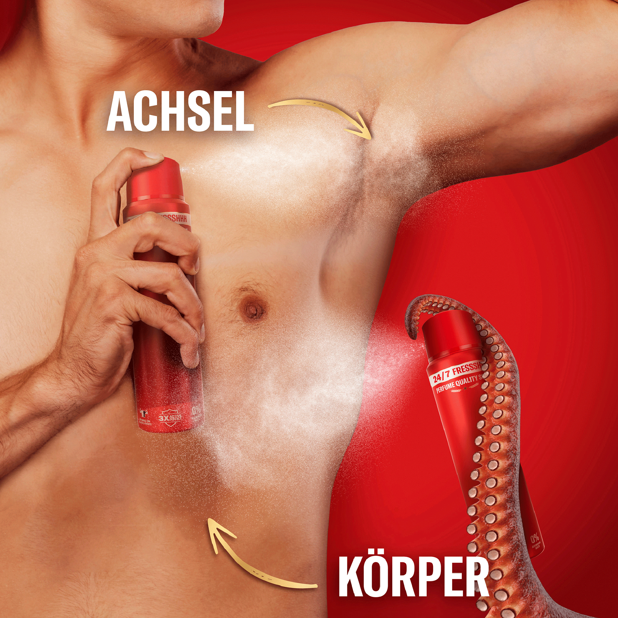 Mann und Tentakel mit Old Spice Aerosol Bodyspray Captain XL sprühen Spray auf Achsel und Schrift