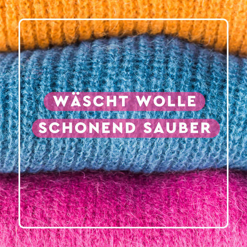 Nahaufnahme von gestrickter Wolle im Rahmen und Schrift auf pinken Balken
