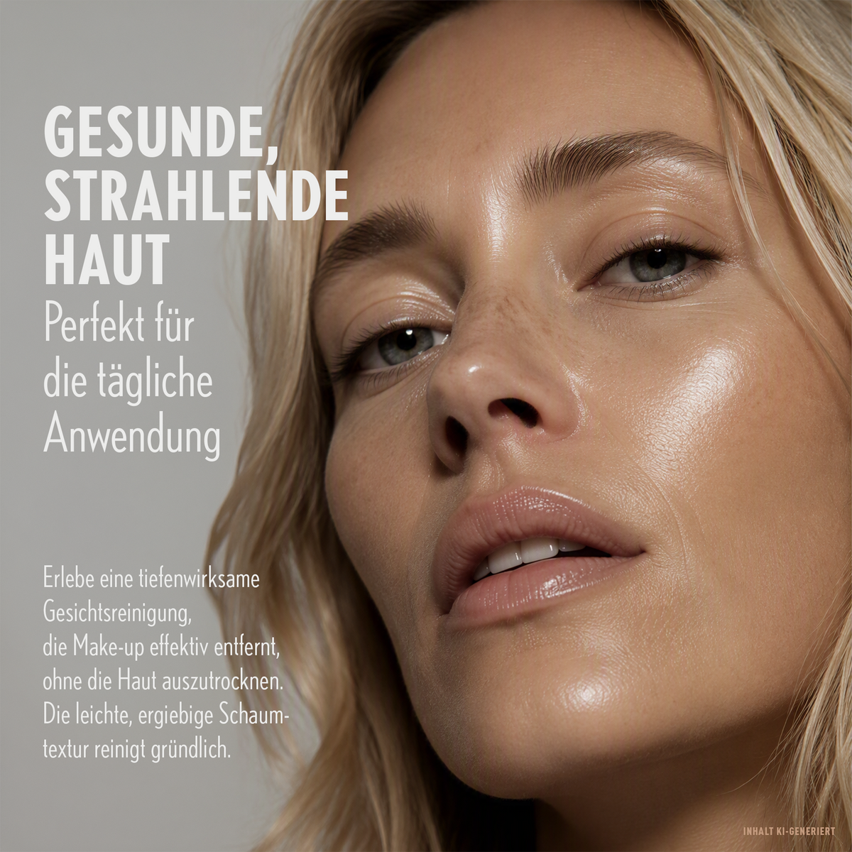 Frau mit frischer glowy Haut neben Schrift auf grauem Hintergrund
