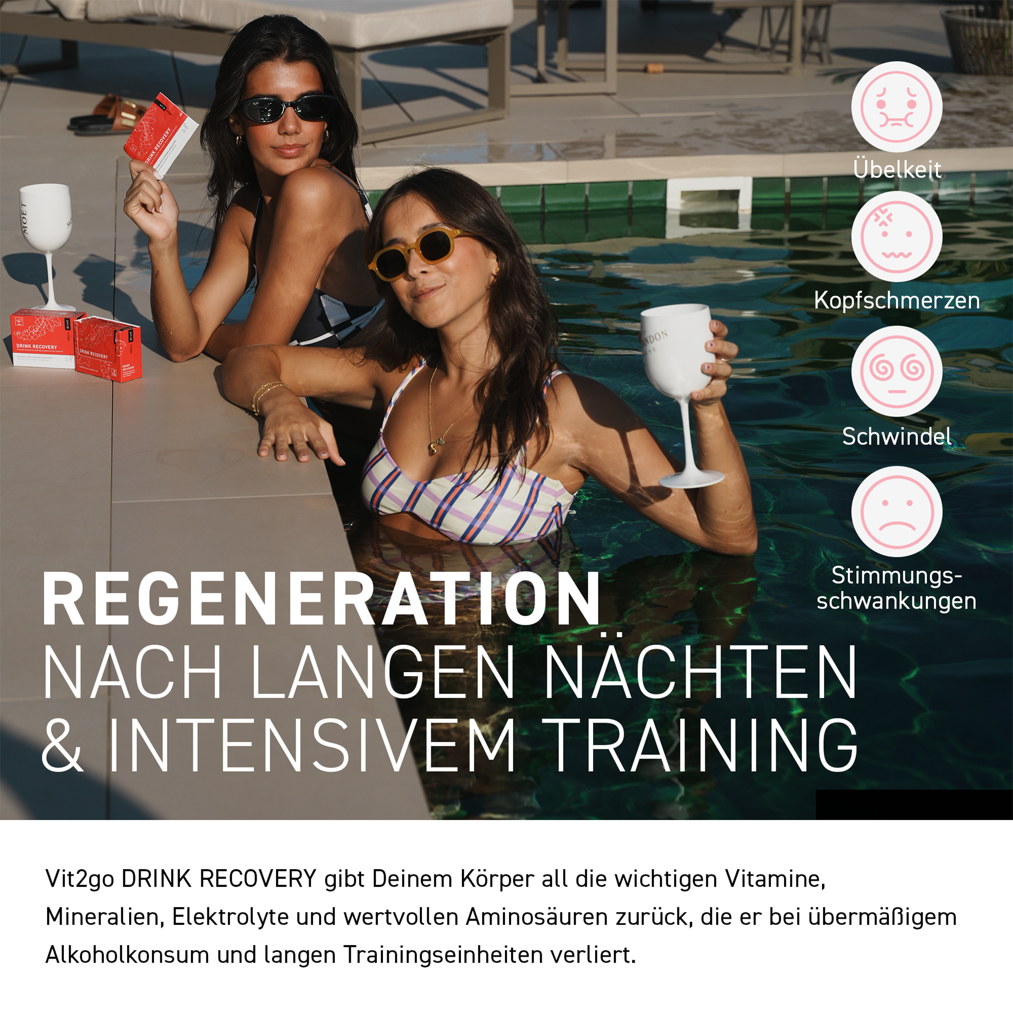 Frauen am Poolrand mit Gläsern und Vit2go Drink Recovery, Schrift und Icons in Kreisen im Vordergrund