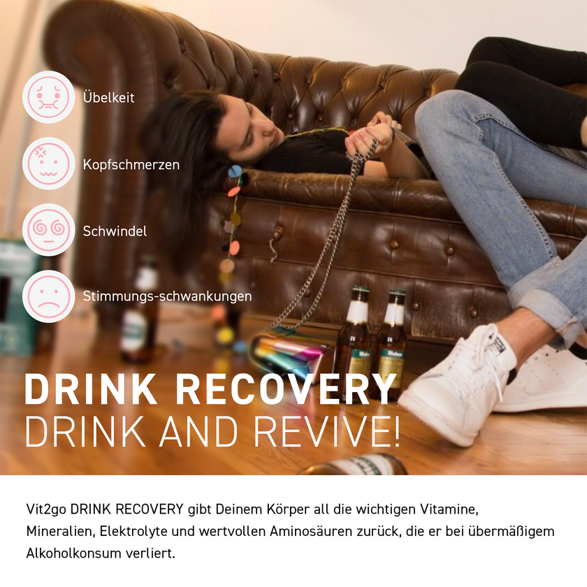 Frau und Mann auf Sofa mit Resten einer Party, Schrift und Icons in Kreisen im Vordergrund