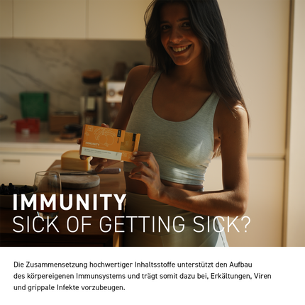 Frau mit Vit2go Immunity Sachet und Schrift auf Bild und Balken