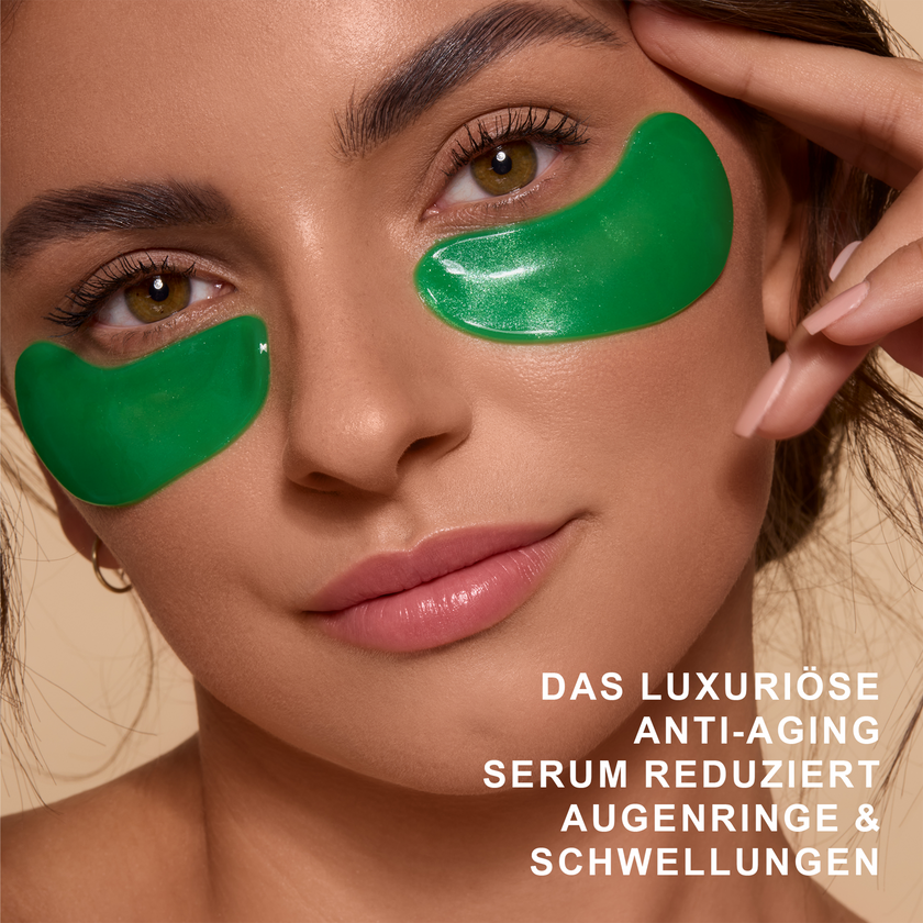Frau mit  YEAUTY Eye Pad Mask Cucumber Cooler unter den Augen und Text