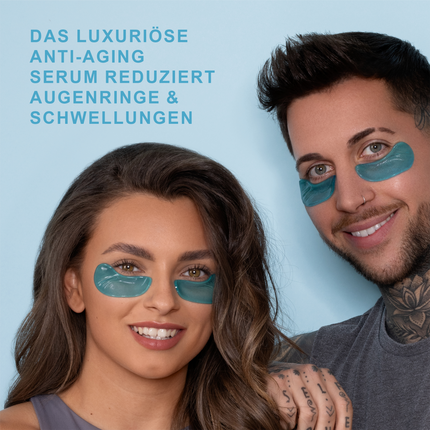 Frau und Mann mit YEAUTY Eye Pad Mask Deep Hydration und Schrift vor blauem Hintergrund