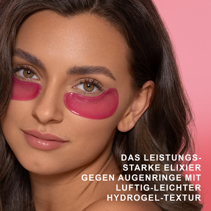 Frau mit YEAUTY Eye Pad Mask Energy Elixir und Schrift vor pinkem Hintergrund