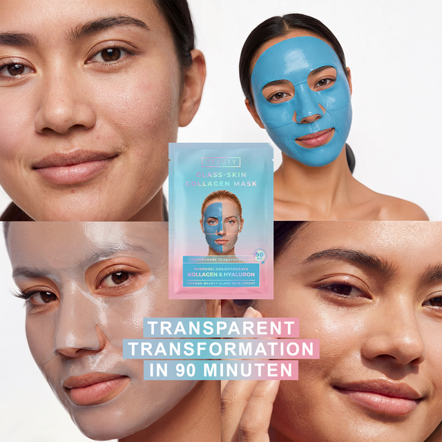 4 Bilder von Frauengesichtern im Hintergrund, Schrift und YEAUTY Hydrogel Gesichtsmaske Kollagen & Hyaluron Glass Skin Effekt im Vordergrund
