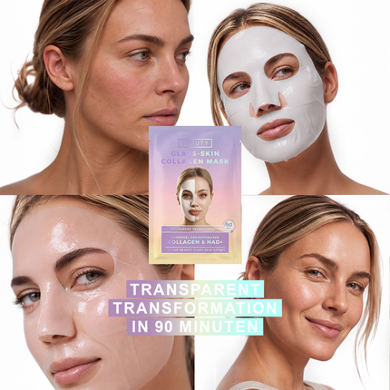 4 Bilder von Frauengesichtern im Hintergrund, Schrift und YEAUTY Hydrogel Gesichtsmaske Kollagen & NAD+ Glass Skin Effekt im Vordergrund