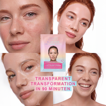 4 Bilder von Frauengesichtern im Hintergrund, Schrift und YEAUTY Gesichtsmaske Kollagen & PDRN Glass Skin Effekt im Vordergrund