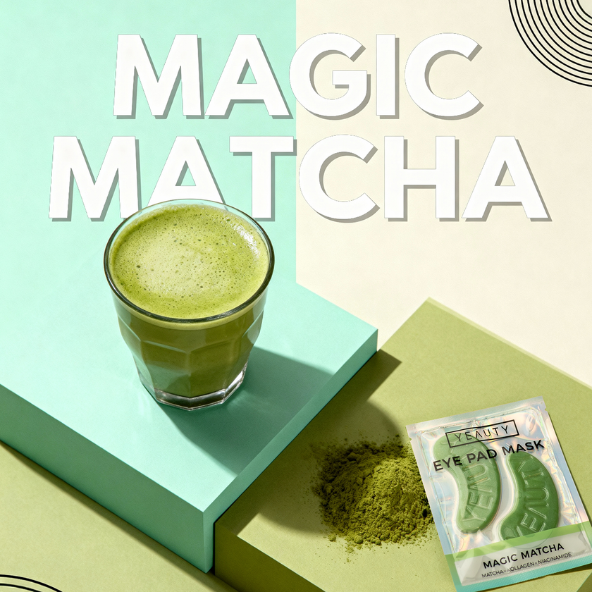 Matcha Latte und YEAUTY Eye Pad Mask Magic Matcha auf Präsentern und Text oben im Bild