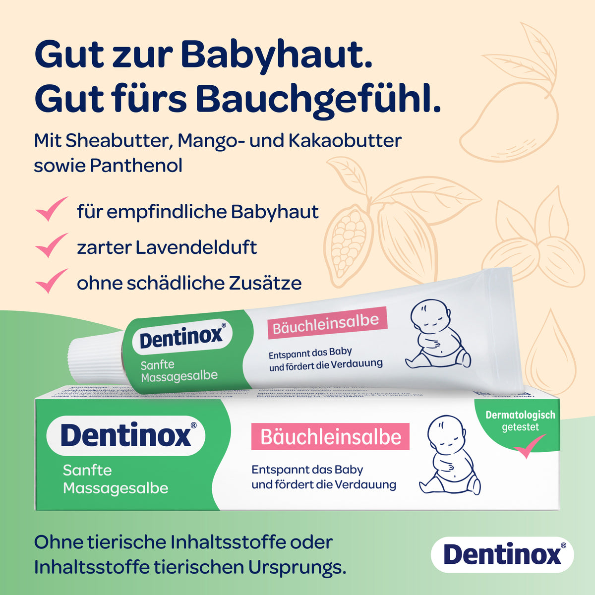 Produkt auf farbiger Welle und Schrift, teilweise mit Haken als Aufzählung