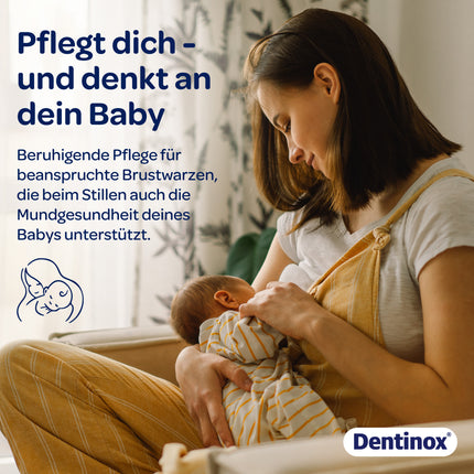 Baby wird von Mutter in einem Zimmer gestillt und Schrift