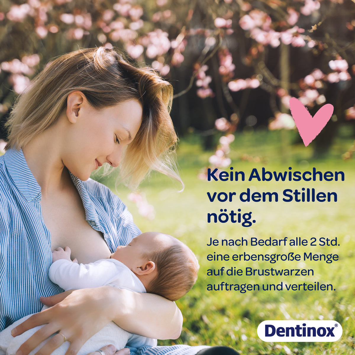 Baby wird von Mutter draußen in der Natur gestillt und Schrift