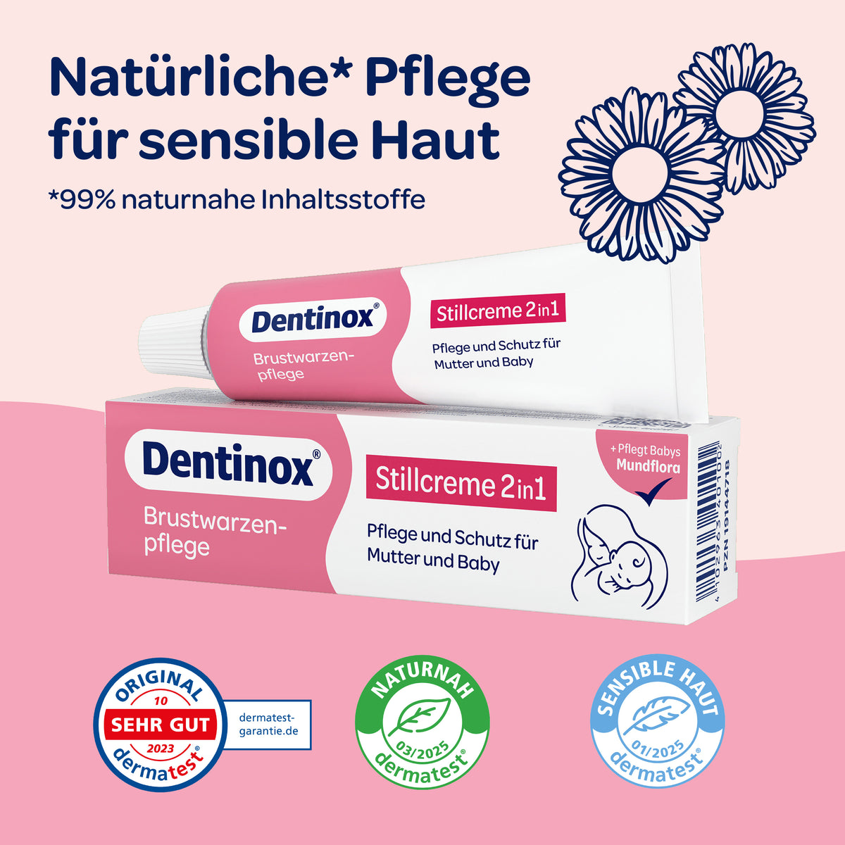 Siegel, Produkt und Schrift auf farbigem Hintergrund