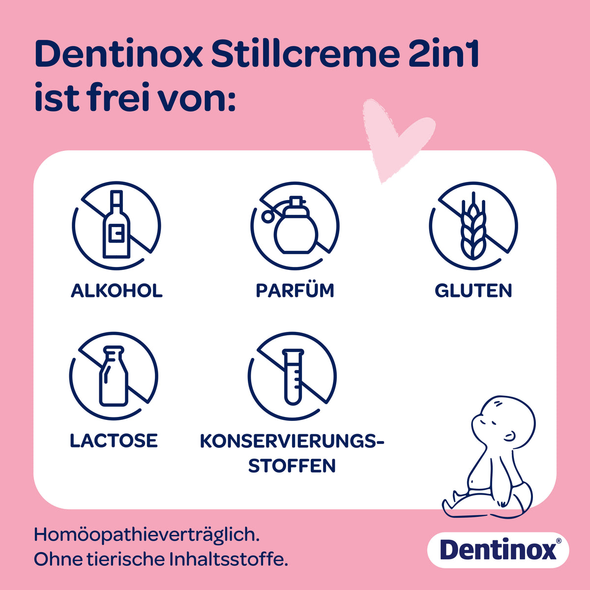 Icons mit Schrift in weißem Kasten, Schrift auf farbigem Hintergrund, Illustration eines sitzenden Babys