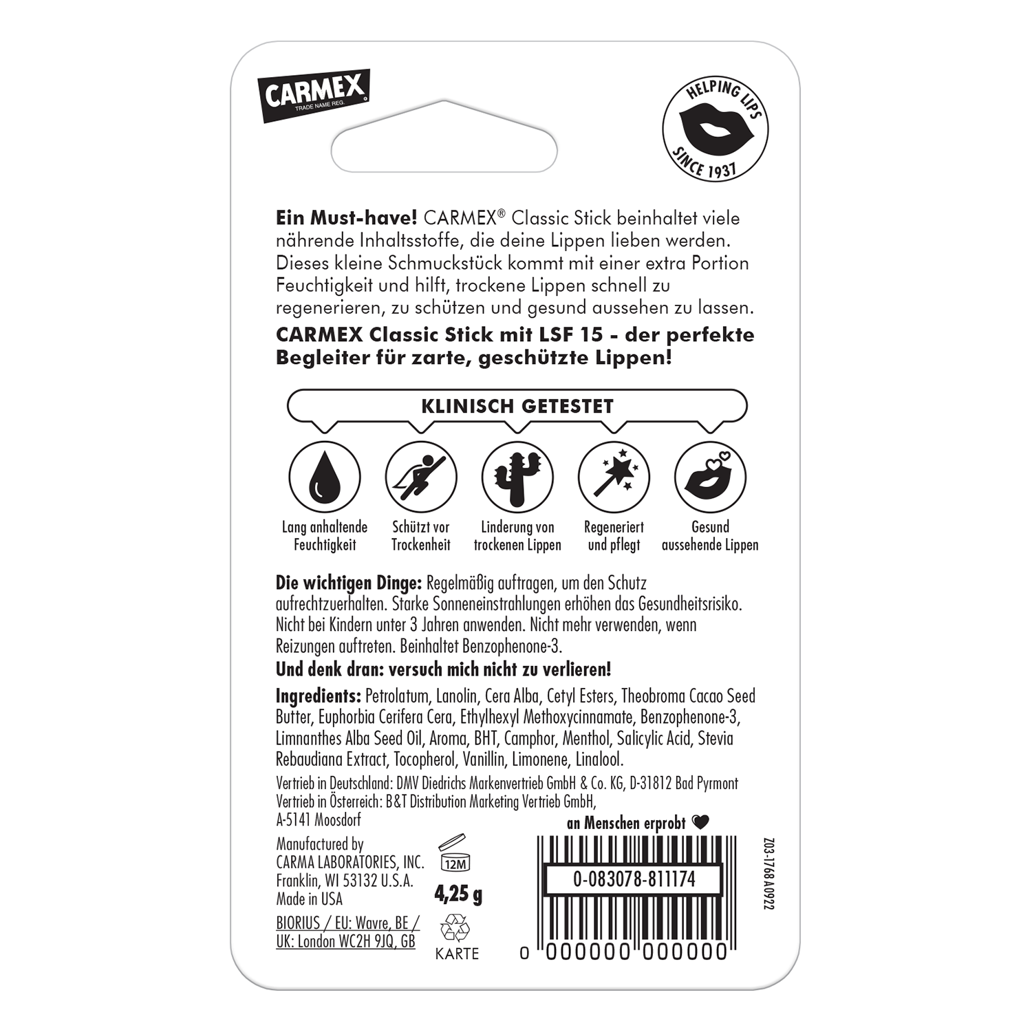 Carmex Classic Stick -  Blister Back