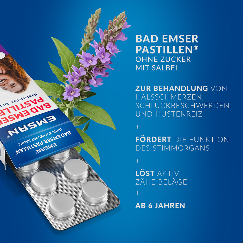 EMSAN Bad Emser Pastillen ohne Zucker mit Salbei geöffnet mit Blister auf blauem Grund und Schrift