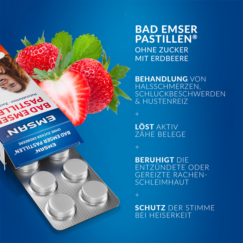 EMSAN Bad Emser Pastillen ohne Zucker Erbeere geöffnet mit Blister auf blauem Grund und Schrift