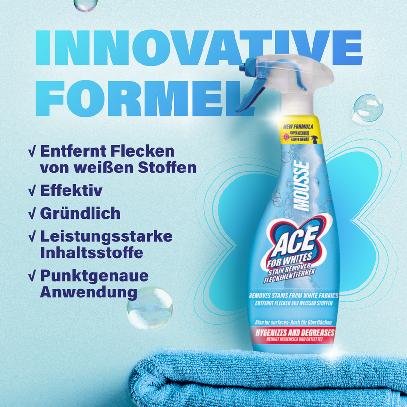 ACE For Whites Fleckenentferner Mousse auf blauem Handtuch vor blauem Hintergrund mit Schrift