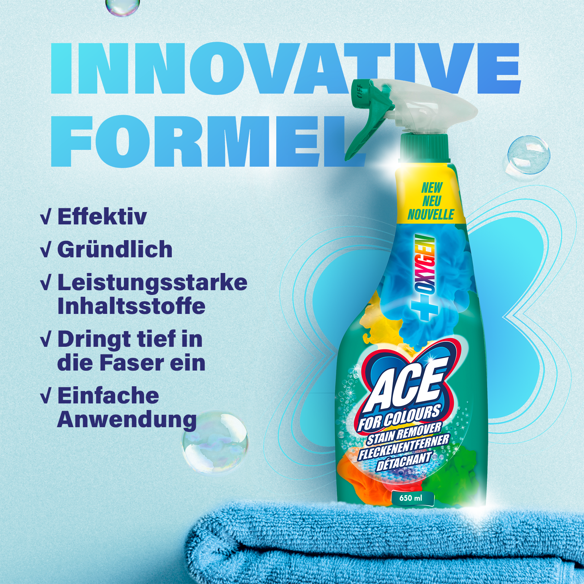 ACE Ultra Weiß auf blauem Handtuch vor blauem Hintergrund mit Schrift