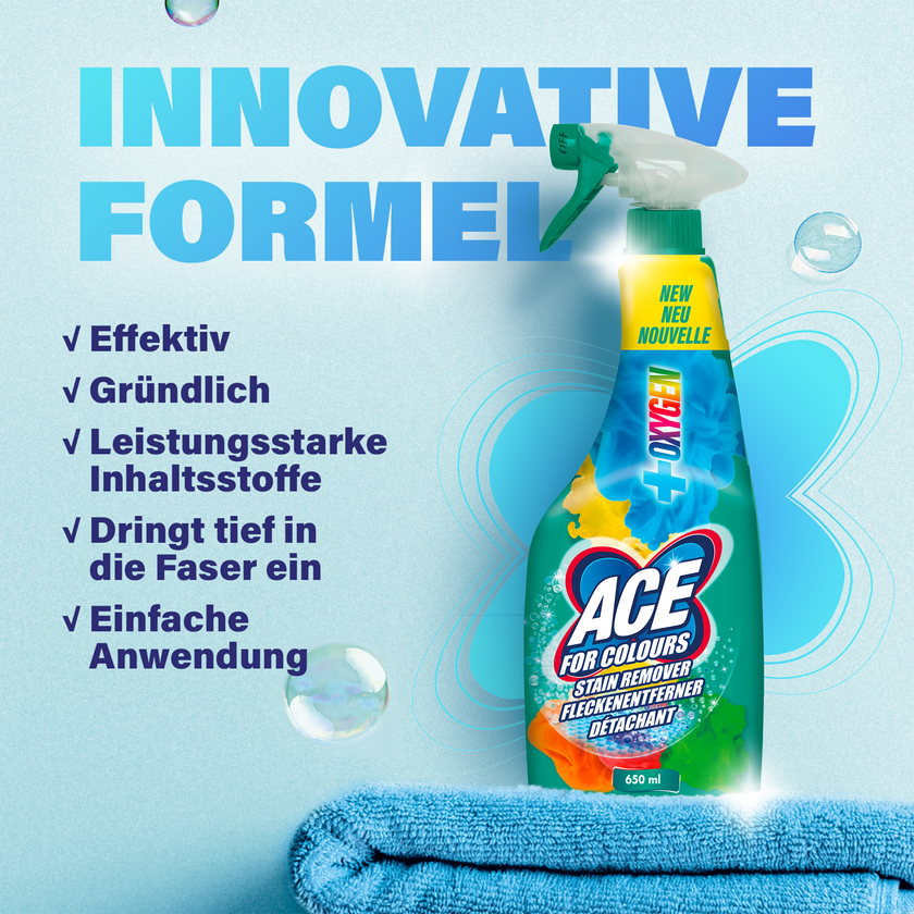 ACE Ultra Weiß auf blauem Handtuch vor blauem Hintergrund mit Schrift