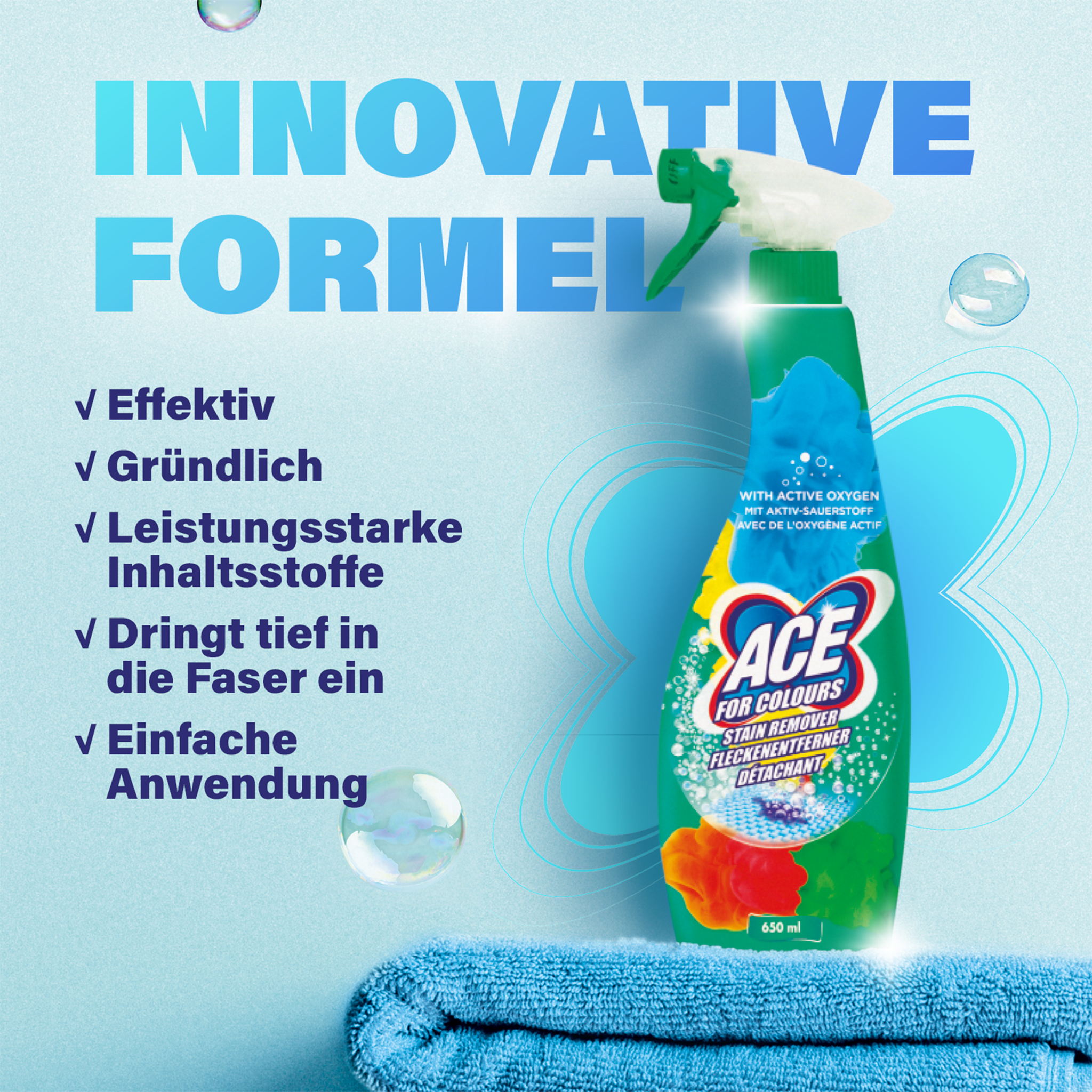ACE Ultra Weiß auf blauem Handtuch vor blauem Hintergrund mit Schrift