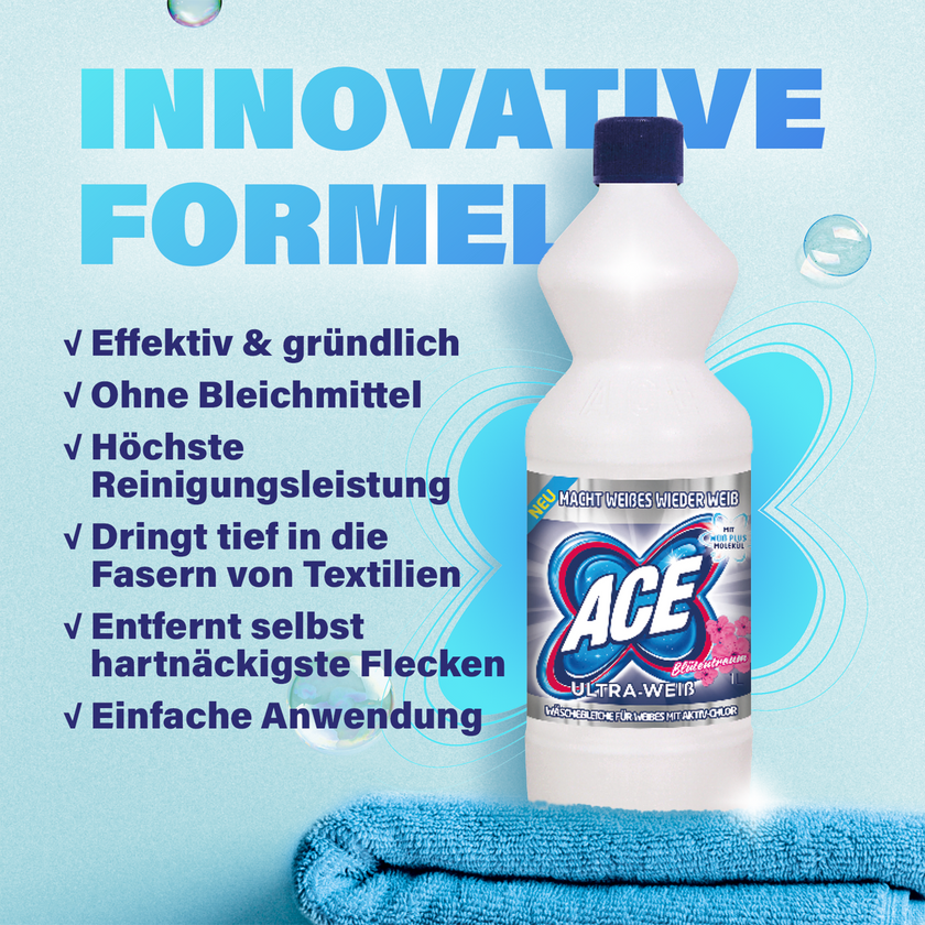ACE Ultra Weiß auf blauem Handtuch vor blauem Hintergrund mit Schrift
