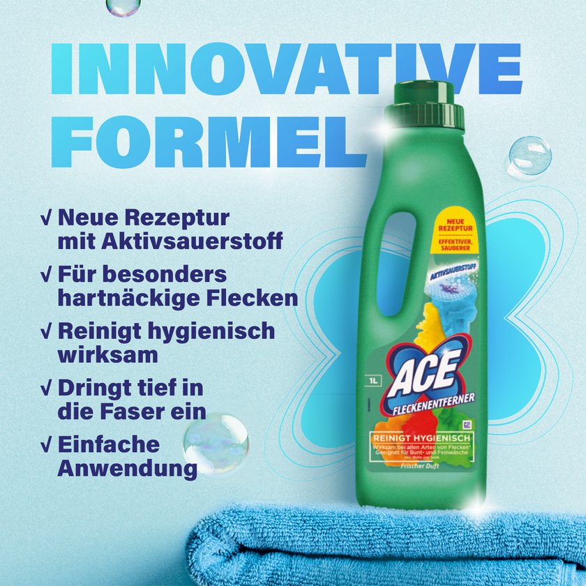 ACE Ultra Weiß auf blauem Handtuch vor blauem Hintergrund mit Schrift