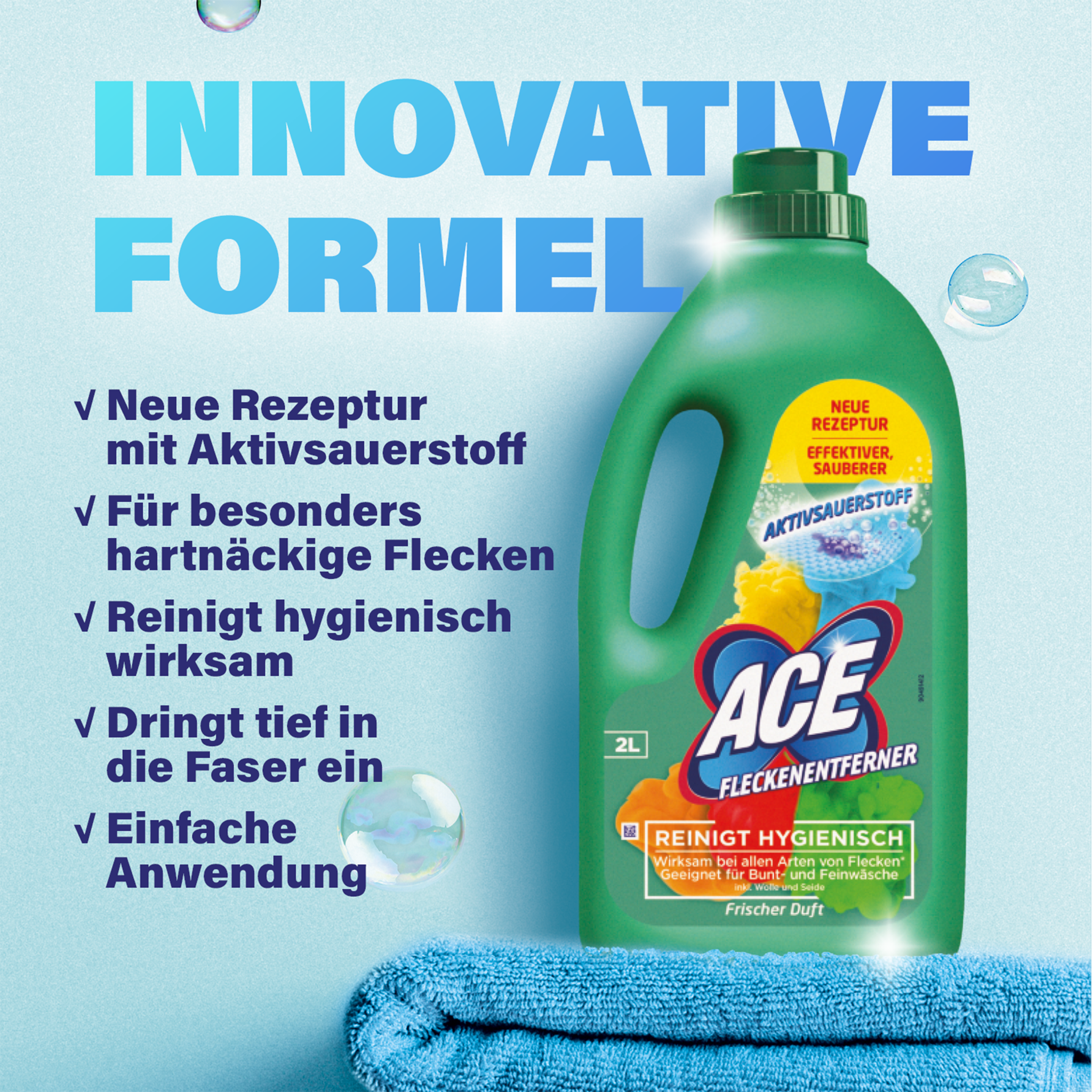 ACE Ultra Weiß auf blauem Handtuch vor blauem Hintergrund mit Schrift