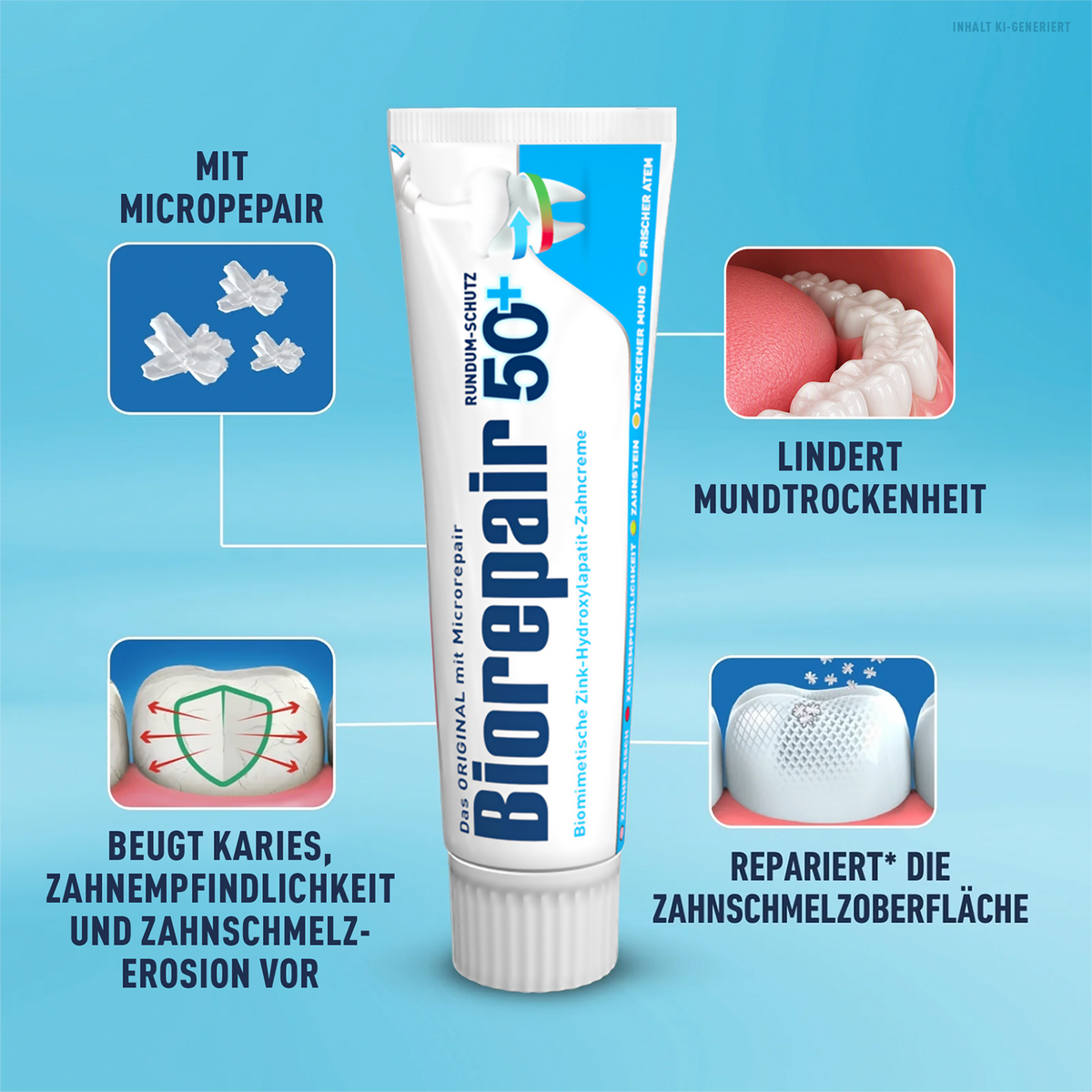 Biorepair Zahncreme Complete Protection 50 + auf blauem Grund umringt von 4 Bildern mit Schrift darunter