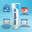 Biorepair Zahncreme Complete Protection 50 + auf blauem Grund umringt von 4 Bildern mit Schrift darunter