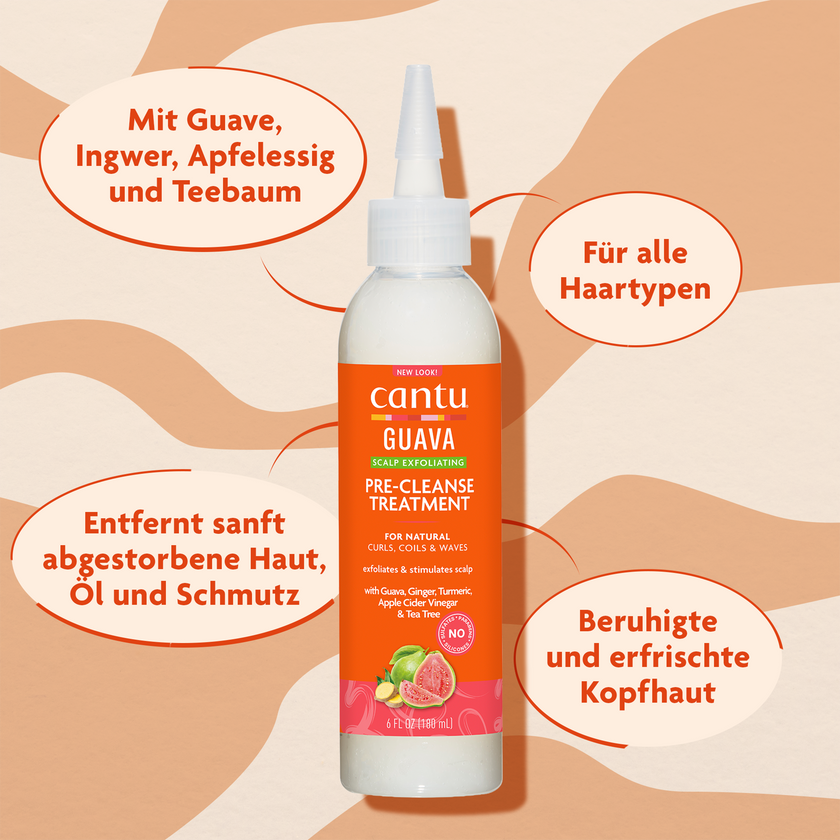 Cantu Guava & Ginger Pre-Cleanse Treatment - 180ml auf gemustertem Grund und Schrift in ovalen Kreisen