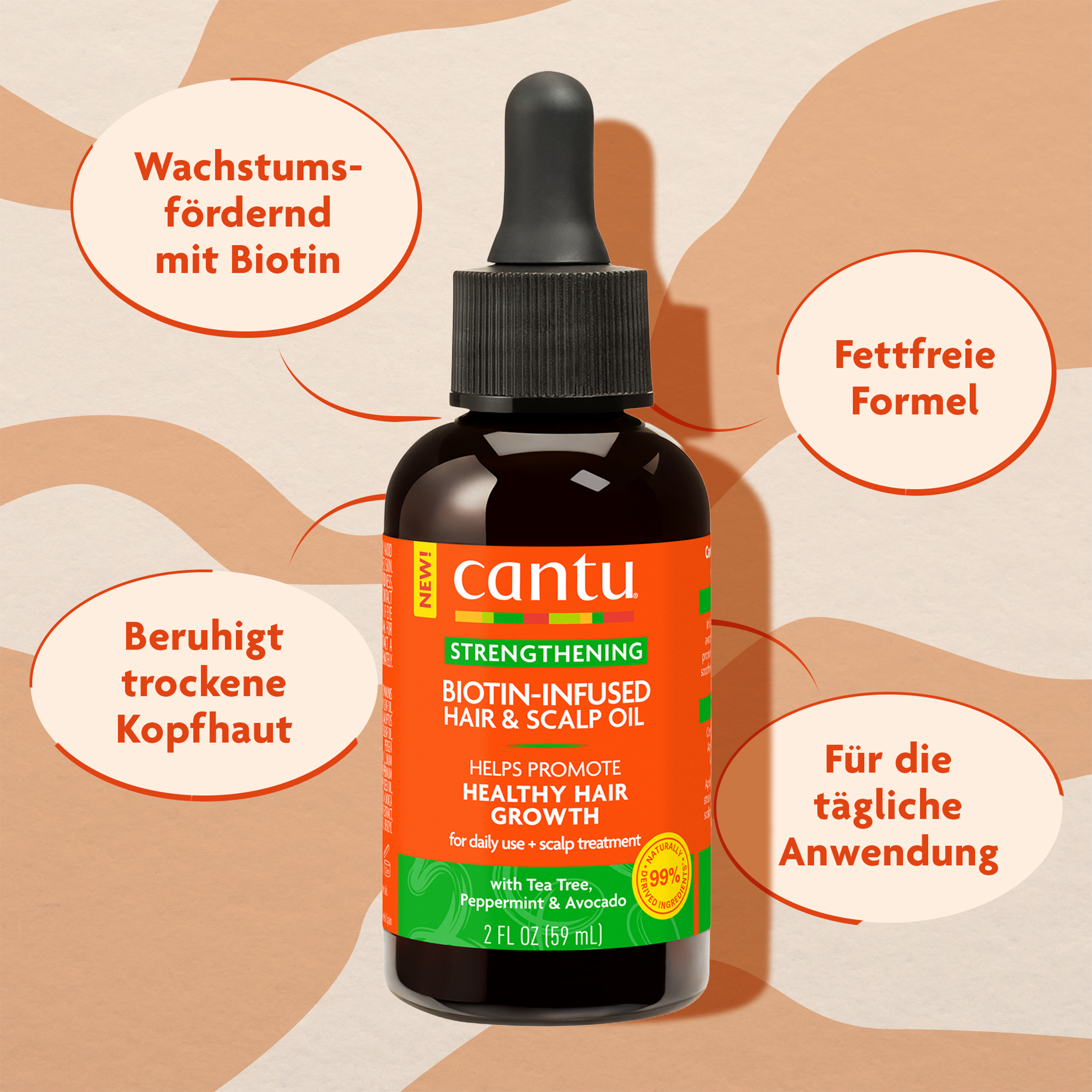 Cantu Scalp & Hair Oil und Schrift in ovalen Kreisen auf gemustertem Grund