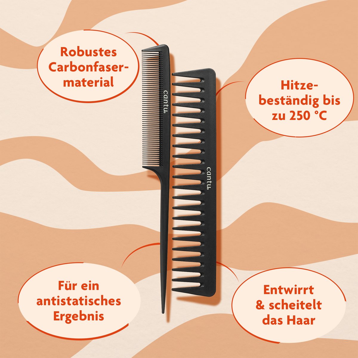 Cantu Carbon Melt Resistant Combs (2x) auf gemustertem Grund und Schrift in ovalen Kreisen