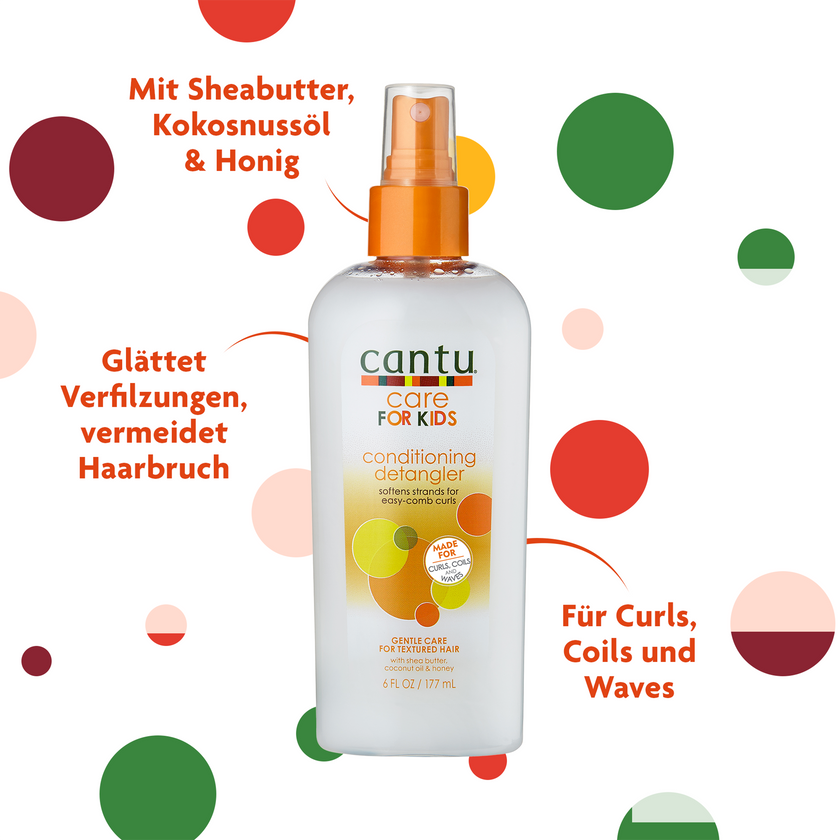 Cantu Care For Kids Conditioning Detangler - 1 Stück und Schrift auf weißem Grund mit bunten Kreisen