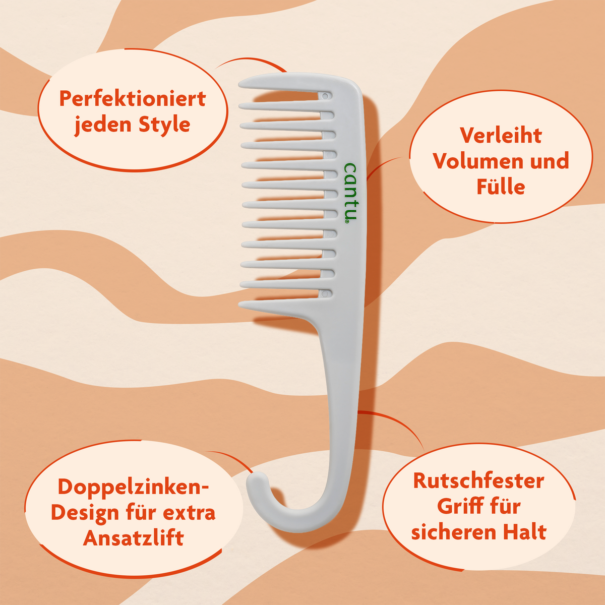 Cantu Detangle Sturdy Wash Day Comb - 1 Stück und Schrift in ovalen Kreisen auf gemustertem Grund