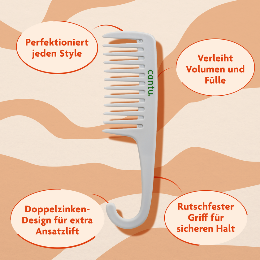 Cantu Detangle Sturdy Wash Day Comb - 1 Stück und Schrift in ovalen Kreisen auf gemustertem Grund