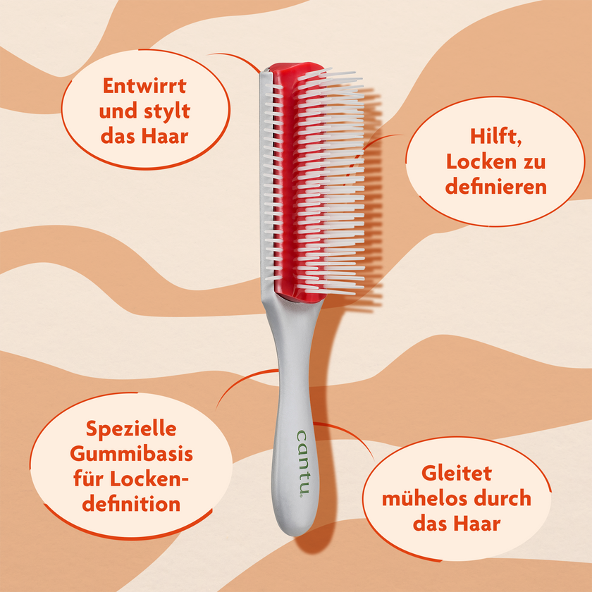 Cantu Detangle Ultra Glide Brush und Schrift in ovalen Kreisen auf gemustertem Grund