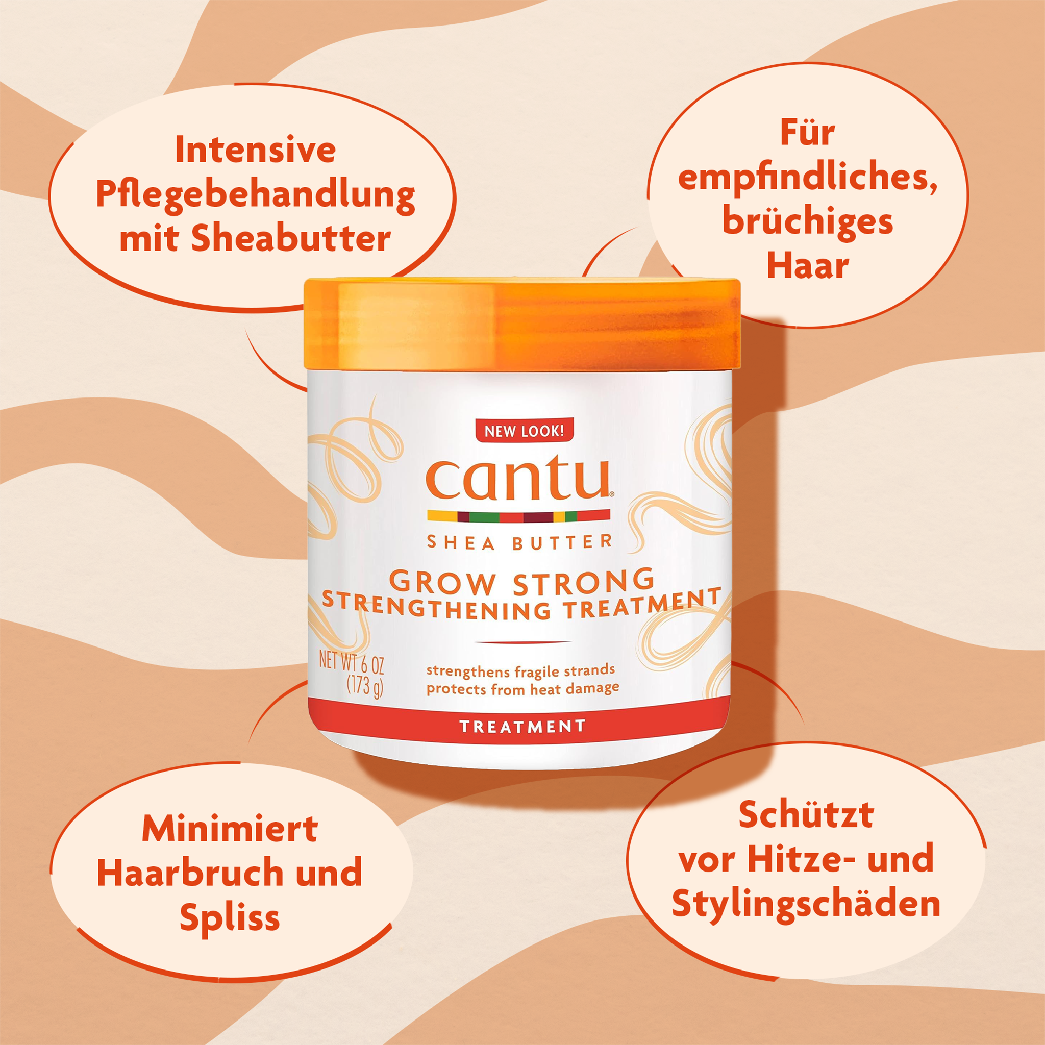 Cantu Grow Strong Strengthening Treatment - 173g und Schrift in ovalen Kreisen auf gemusterten Grund