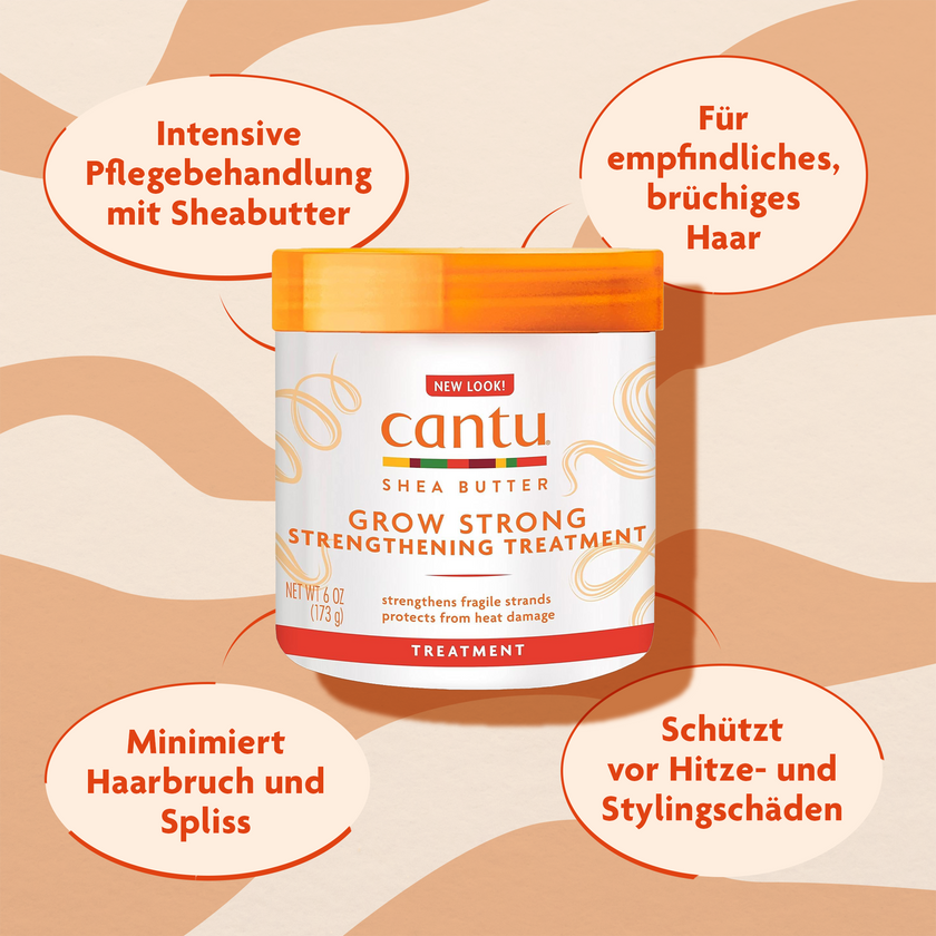 Cantu Grow Strong Strengthening Treatment - 173g und Schrift in ovalen Kreisen auf gemusterten Grund