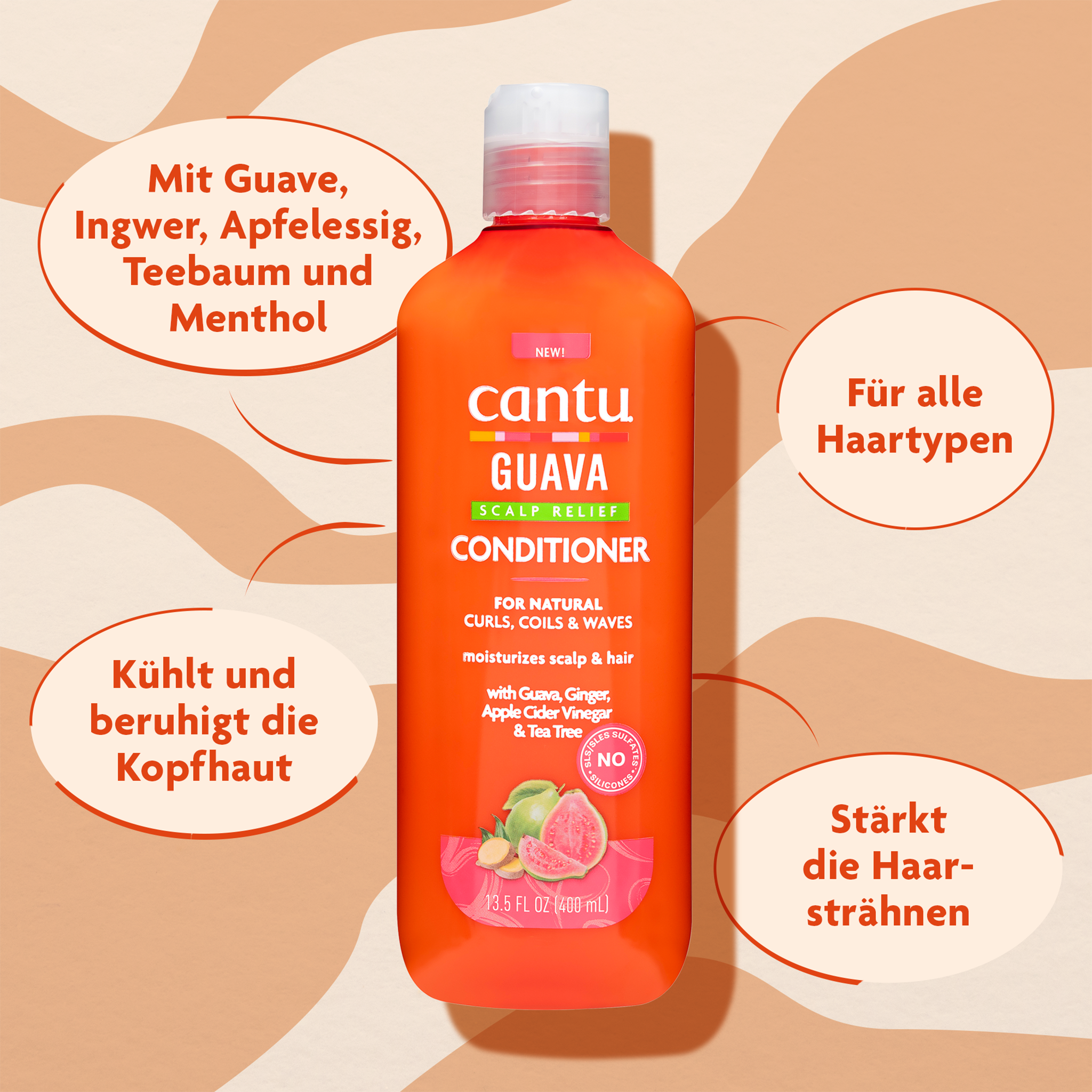 Cantu Guava & Ginger Scalp Relief Conditioner - 400ml auf gemustertem Grund und Schrift in ovalen Kreisen
