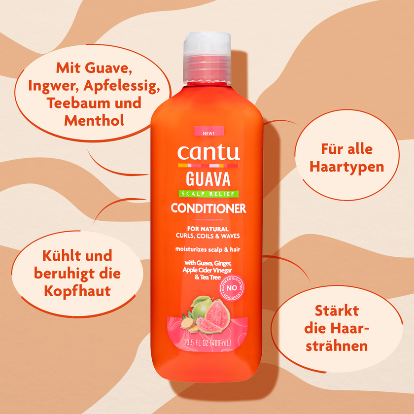 Cantu Guava & Ginger Scalp Relief Conditioner - 400ml auf gemustertem Grund und Schrift in ovalen Kreisen