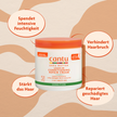 Cantu Leave-in Repair Cream und Schrift in ovalen Kreisen auf gemustertem Grund